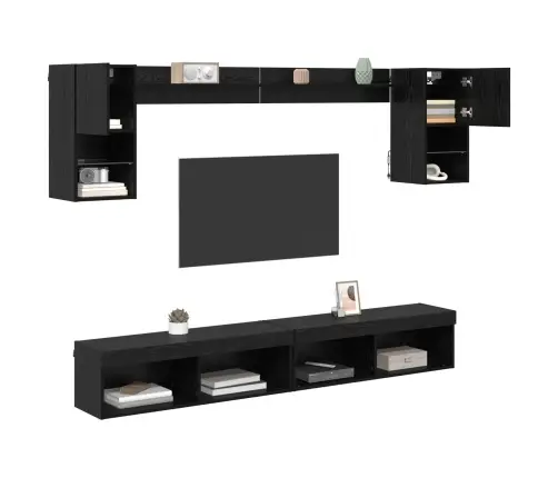 Tv Sienas Komplekti Ar Led 6 Pcs Melns Ozolkoks Inženierijas Koks