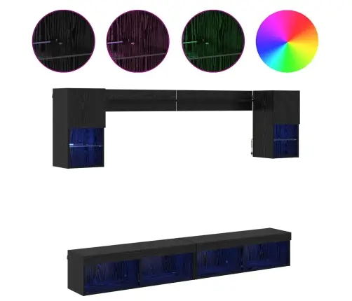 Tv Sienas Komplekti Ar Led 6 Pcs Melns Ozolkoks Inženierijas Koks