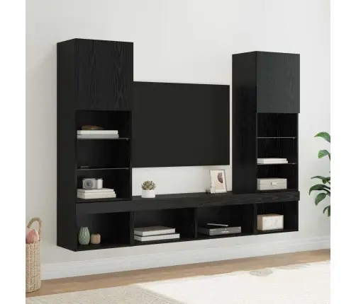 Tv Sienas Komplekti Ar Led 5 Pcs Melns Ozolkoks 40,5 X 30 X 102 Cm