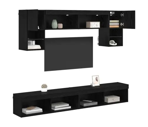 Tv Sienas Komplekti Ar Led 6 Pcs Melns Ozolkoks Inženierijas Koks