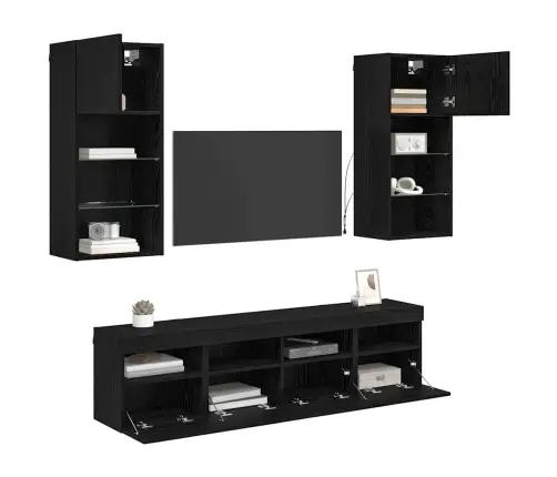 Tv Sienas Komplekti Ar Led 5 Pcs Melns Ozolkoks Vidaxl