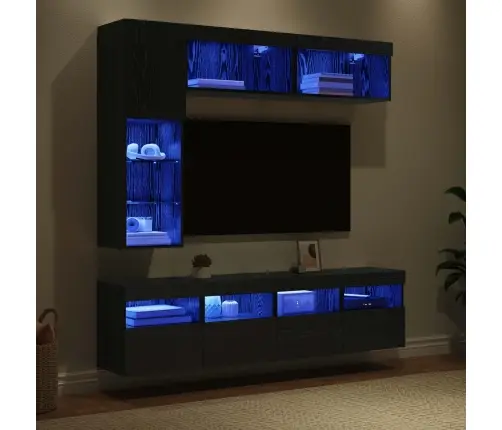 Televizoriaus Spintelė 7 Pcs Juodas Ąžuolas Apdirbta Mediena