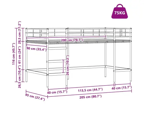Bērnu Loft Gultas Rāmjis Melna 90 X 201 Cm Vidaxl