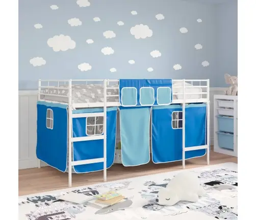 Bērnu Gultas Karkass Ar Aizkariem Balta Un Zila 107 X 201 Cm Vidaxl