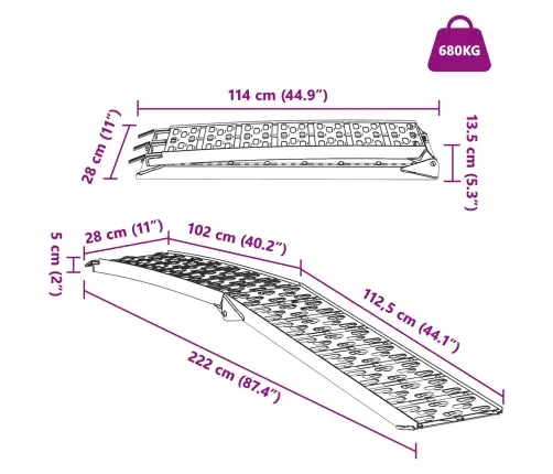 Ielādes Rampa 2 Pcs Melna 222 X 29 X 14 Cm Alumīnijs Vidaxl