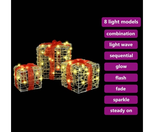 Dāvanu Kaste Su 60 Led 3 Pcs Silti Balta 20 X 20 X 20 Cm Akrils Vidaxl