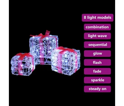 Dāvanu Kaste Su 60 Led 3 Pcs Vēsi Balta 20 X 20 X 20 Cm Akrils Vidaxl