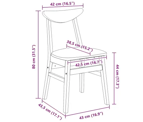 Ēdamkrēsli 2 Pcs Dabiska 42 X 47.5 X 81 Cm Ciets Gumijas Koks Vidaxl