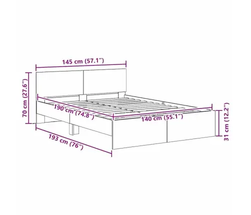 Gultas Rāmis Melns Ozolkoks 140 X 190 Cm Inženierijas Koks Vidaxl