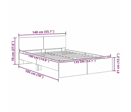 Voodi Raam Led -Ribatuledega Käsitööpuu 135 X 190 Cm Tehispuit