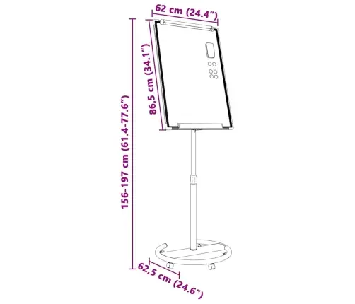 Magnētiskā Tāfele Ar Riteni Balta Un Melna 62 X 62 X 195 Cm Eps Vidaxl