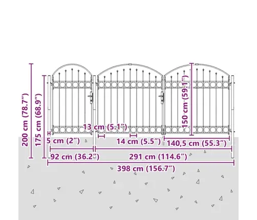 Dārza Žoga Vārti Ar Arkveida Augšu Pelēka 400 X 100 Cm Tērauds Vidaxl