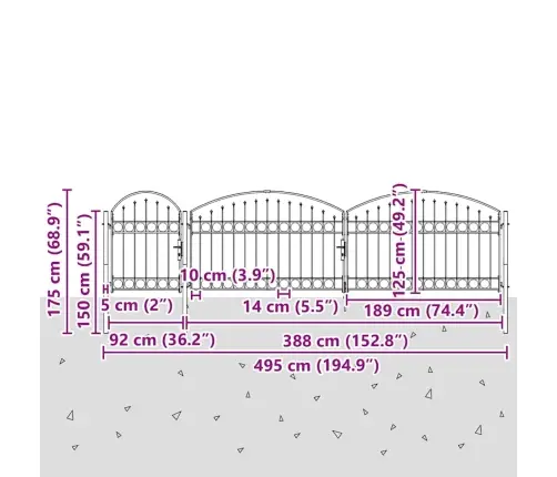 Dārza Žoga Vārti Ar Arkveida Augšu Pelēka 500 X 75 Cm Tērauds Vidaxl