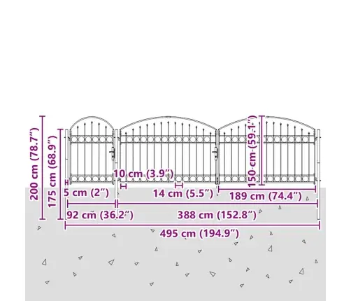 Dārza Žoga Vārti Ar Arkveida Augšu Pelēka 500 X 100 Cm Tērauds Vidaxl
