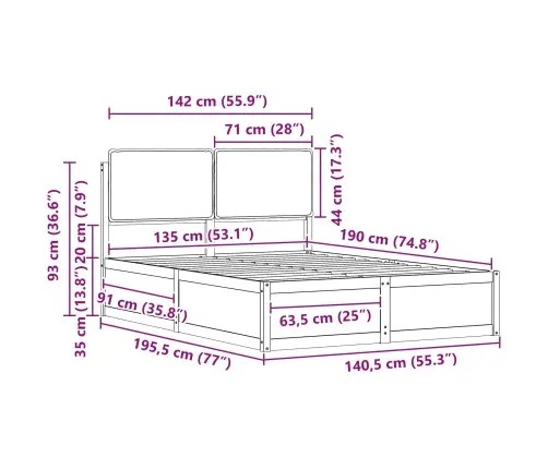 Voodiraam Pehme Peatoega Pruunikashall 135 X 190 Cm Tahke Mänd
