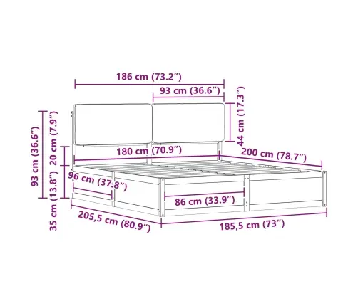 Gultas Rāmis Ar Polsterētu Galvas Balstu Melna 180 X 200 Cm Vidaxl