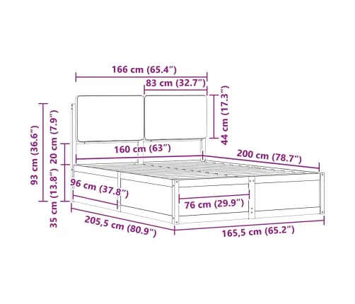 Gultas Rāmis Ar Polsterētu Galvas Balstu Melna 160 X 200 Cm Vidaxl