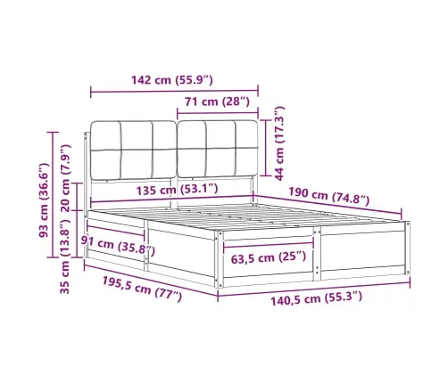 Gultas Rāmis Ar Polsterētu Galvas Balstu Melna 135 X 190 Cm Vidaxl