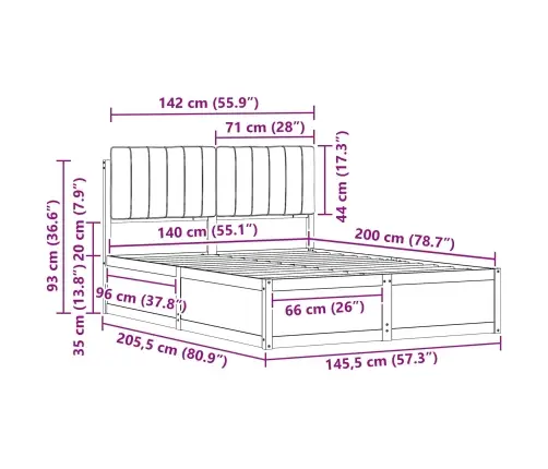 Voodiraam Pehme Peatoega Peaga Helehall 140 X 200 Cm Tahke Mänd