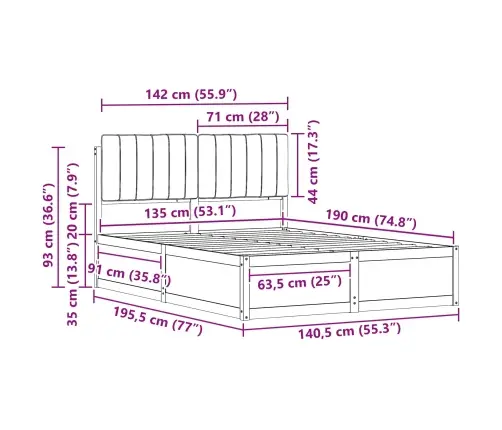 Gultas Rāmis Ar Polsterētu Galvas Balstu Melna 135 X 190 Cm Vidaxl