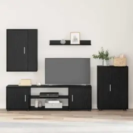 4 Gabalu Tv Skapja Komplekts Melns Ozols Inženierijas Koks Vidaxl