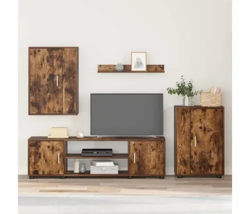 4 Dalių Tv Spintelė Rinkinys Kūdevinė Ąžuolo Apdirbta Mediena