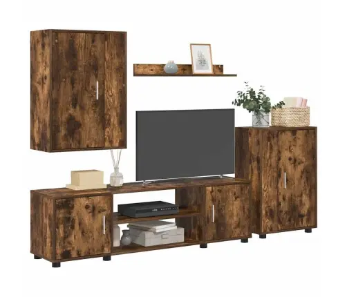 4 Dalių Tv Spintelė Rinkinys Kūdevinė Ąžuolo Apdirbta Mediena
