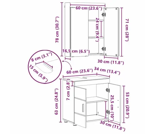 Vannas Istabas Mēbeļu Komplekts Ar Atvilktni Tulum Dūmaka Ozols Vidaxl