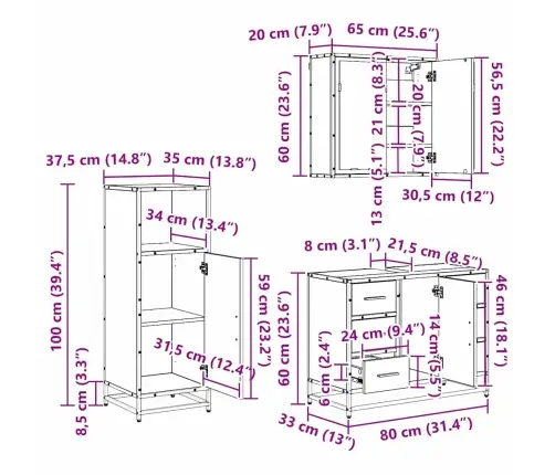 Vonios Baldų Rinkinys 3 Pcs Juoda Ąžuolo Apdirbta Mediena