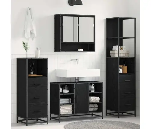 Vonios Baldų Rinkinys 4 Pcs Juodas Ąžuolas Apdirbta Mediena