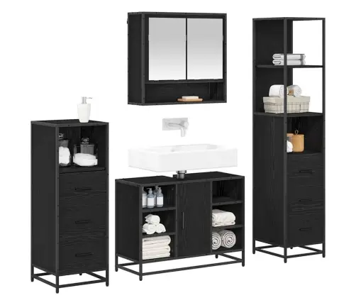Vonios Baldų Rinkinys 4 Pcs Juodas Ąžuolas Apdirbta Mediena