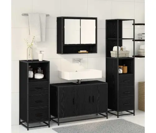 Vonios Baldų Rinkinys 4 Pcs Juoda Ąžuolo Apdirbta Mediena