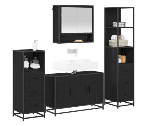 Vonios Baldų Rinkinys 4 Pcs Juoda Ąžuolo Apdirbta Mediena