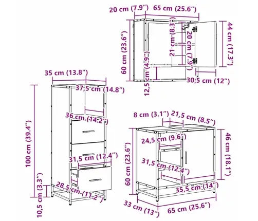 Vonios Baldų Rinkinys 3 Pcs Juodas Ąžuolas Apdirbta Mediena