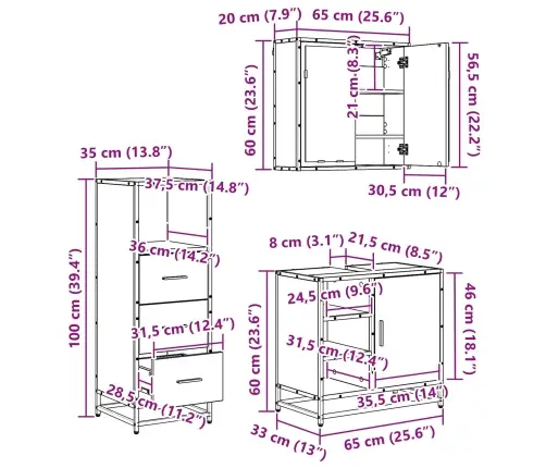 Vannas Istabas Mēbeļu Komplekts 3 Pcs Vecs Koks 65 X 33 X 60 Cm Vidaxl