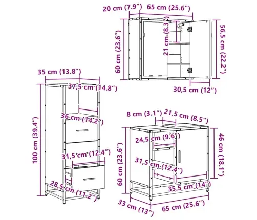 Vannitoa Mööbleset 3 Pcs Käsitöötamm 65 X 33 X 60 Cm Tehispuit Vannitoa Mööbleset 3 Pcs Käsitöötamm 65 X 33 X 60 Cm Tehispuit