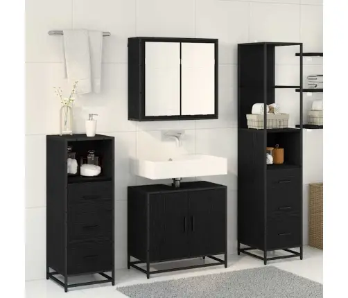 Vonios Baldų Rinkinys 4 Pcs Juodas Ąžuolas Apdirbta Mediena