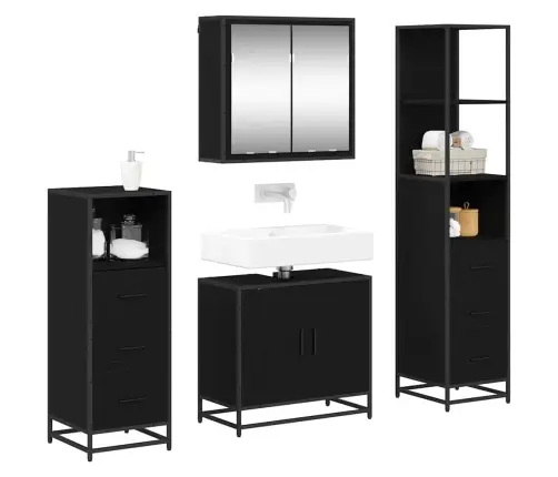 Vonios Baldų Rinkinys 4 Pcs Juodas Ąžuolas Apdirbta Mediena