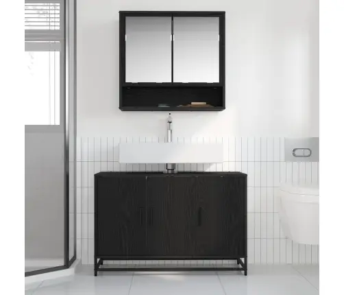 Vannitoa Mööbleset Riiuliga Uksega 2 Pcs Must Tamm Tehispuit