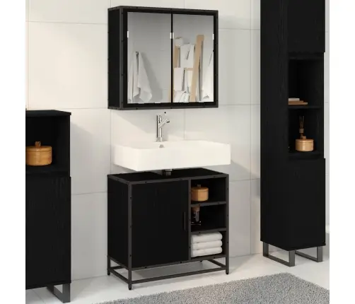 Vannitoa Mööbleset Riiuliga Uksega 2 Pcs Must Tamm Tehispuit