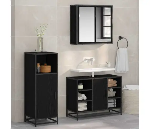 Vonios Baldų Rinkinys 3 Pcs Juoda Ąžuolo Apdirbta Mediena