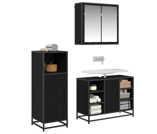 Vonios Baldų Rinkinys 3 Pcs Juoda Ąžuolo Apdirbta Mediena