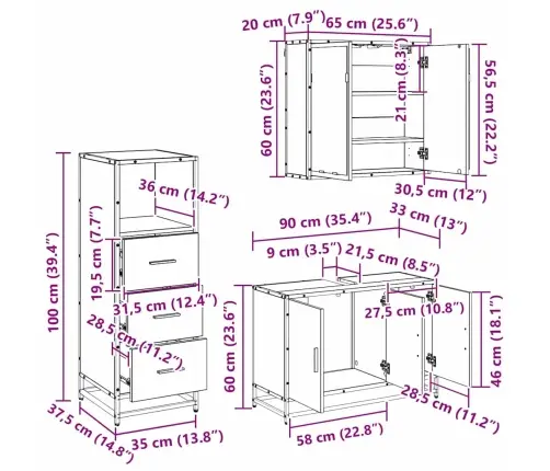 Vannas Istabas Mēbeļu Komplekts Ar Atvilktni 3 Pcs Melns Ozols Vidaxl