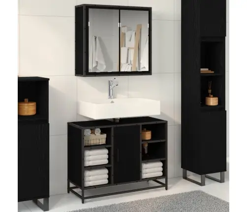 Vannitoa Mööbleset Riiuliga Uksega 2 Pcs Must Tamm Tehispuit