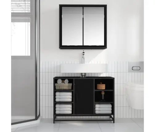 Vannitoa Mööbleset Riiuliga Uksega 2 Pcs Must Tamm Tehispuit