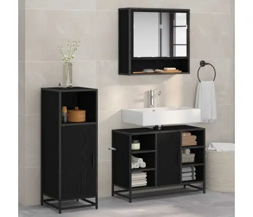 Vannitoa Mööbleset Riiuliga Uksega 3 Pcs Must Tamm Tehispuit