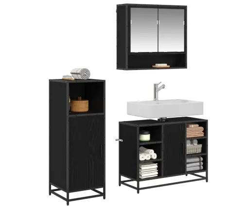 Vannitoa Mööbleset Riiuliga Uksega 3 Pcs Must Tamm Tehispuit