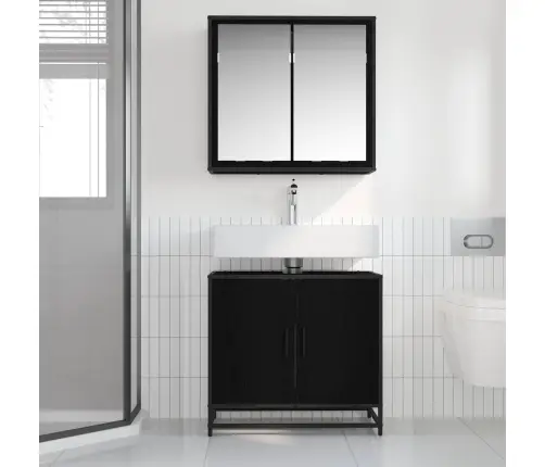 Vannitoa Mööbleset Riiuliga Uksega 2 Pcs Must Tamm Tehispuit