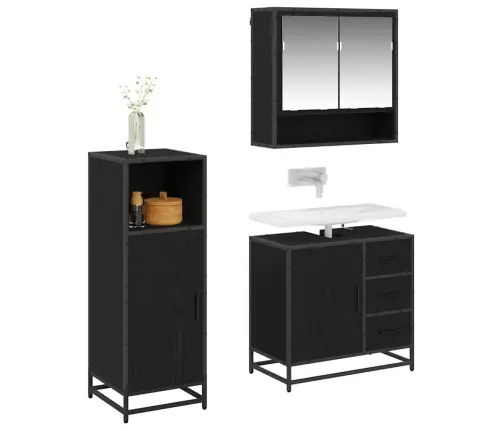 Vonios Baldų Rinkinys 3 Pcs Juodas Ąžuolas Apdirbta Mediena