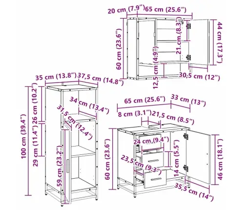 Vonios Baldų Rinkinys 3 Pcs Juodas Ąžuolas Apdirbta Mediena